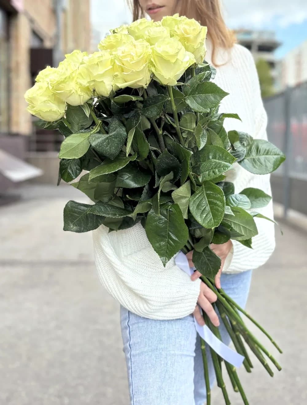 15 белых эквадорских роз 80 см